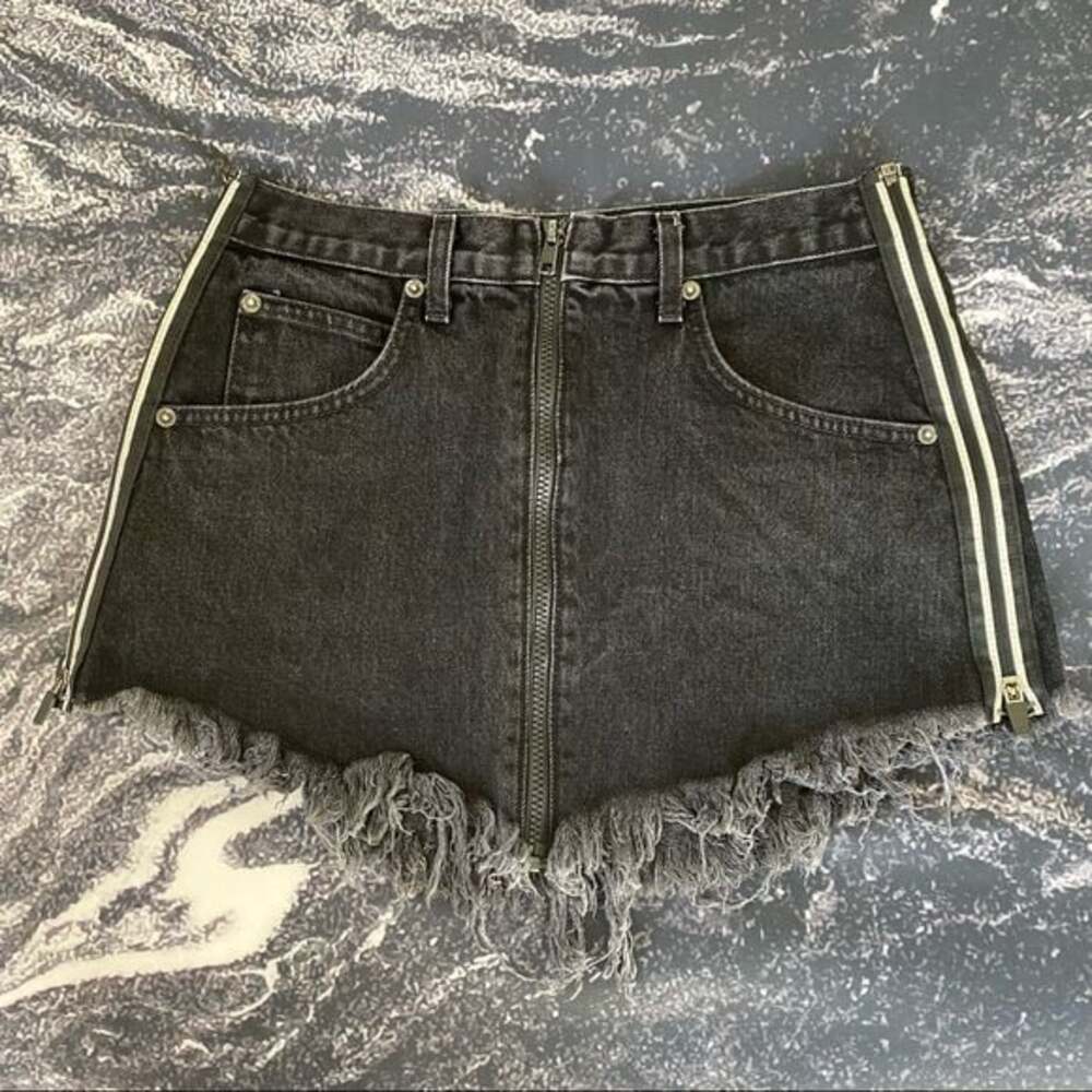 Carmar Beatrice Zip Front Side Reflective Tape Black Denim Mini Skirt 4/27